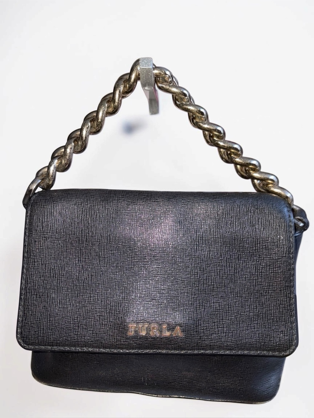 Furla Black Leather Shoulder Bag with Gold Chain Handle